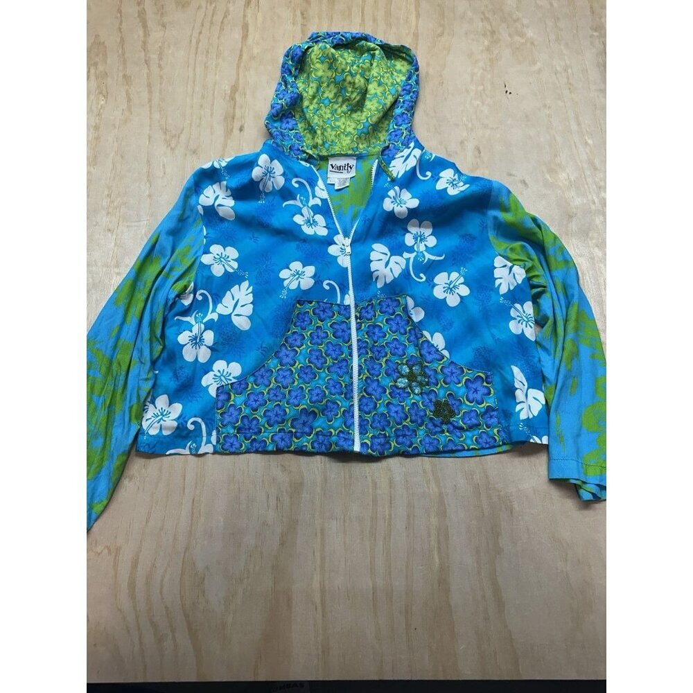 Hawaiian Rayon Jacket Blues Floral Lightweight Hawaii L Zip Up‎ Vacation Hoodie